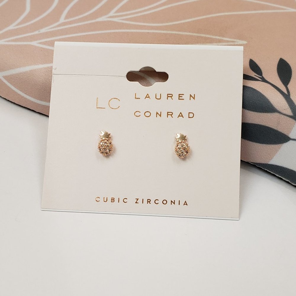 LC Lauren Conrad, rose gold small pineapple cubic zirconia post earrings, NWT